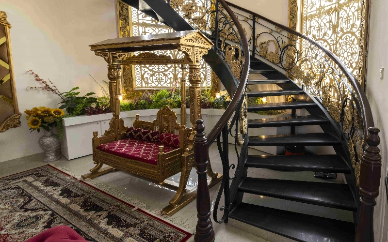 Luxury staircase and royal interior decor in Islamabad farmhouse, ideal setting for brand photoshoots and premium guest experiences